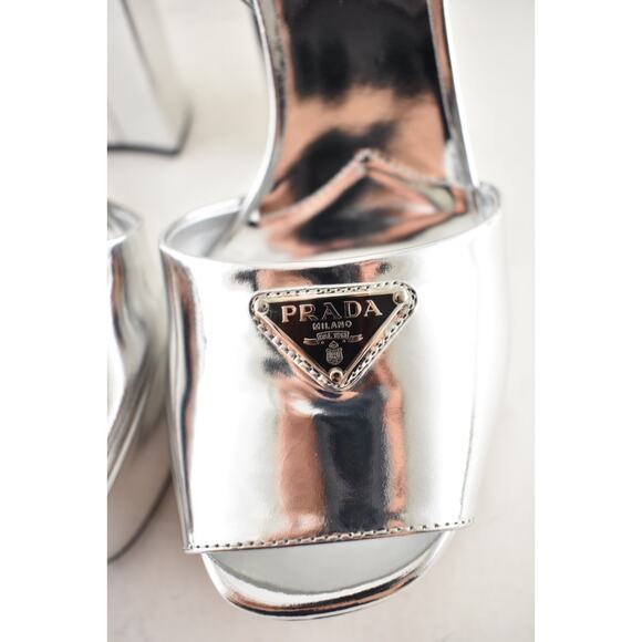 Prada 135mm Metallic Silver Logo Platform Sandal Ankle Strap Block Heel Pump 40 - Picture 12 of 16